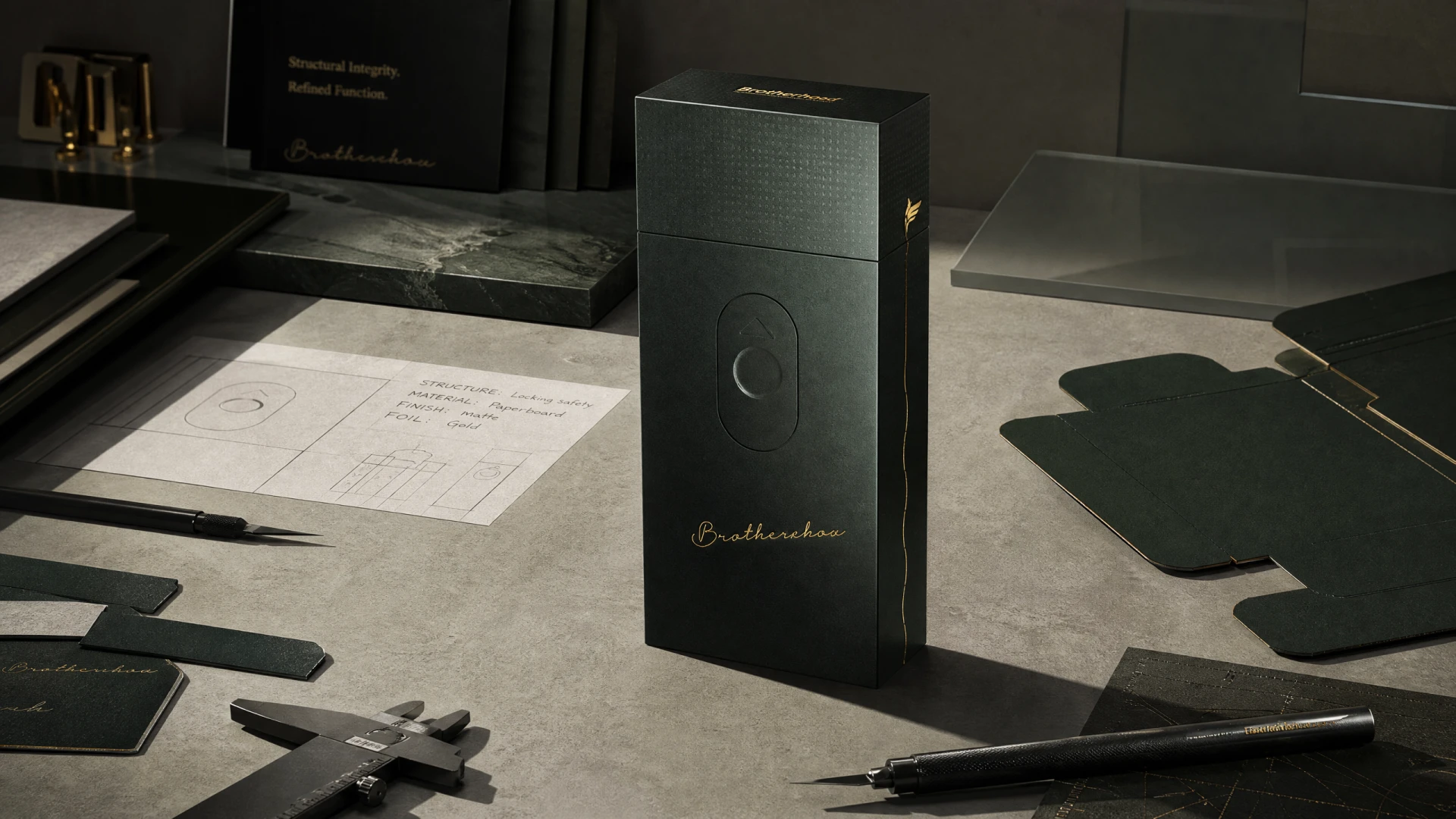 Luxury tobacco packaging surrounded by design drafts, die‑cut templates, caliper and drawing tools on studio desk