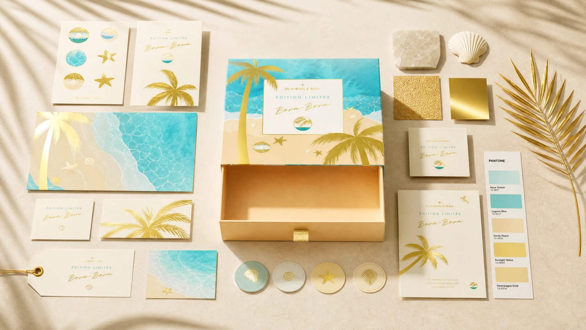 Bora-Bora visual system laid out across packaging, cards, patterns and color samples.