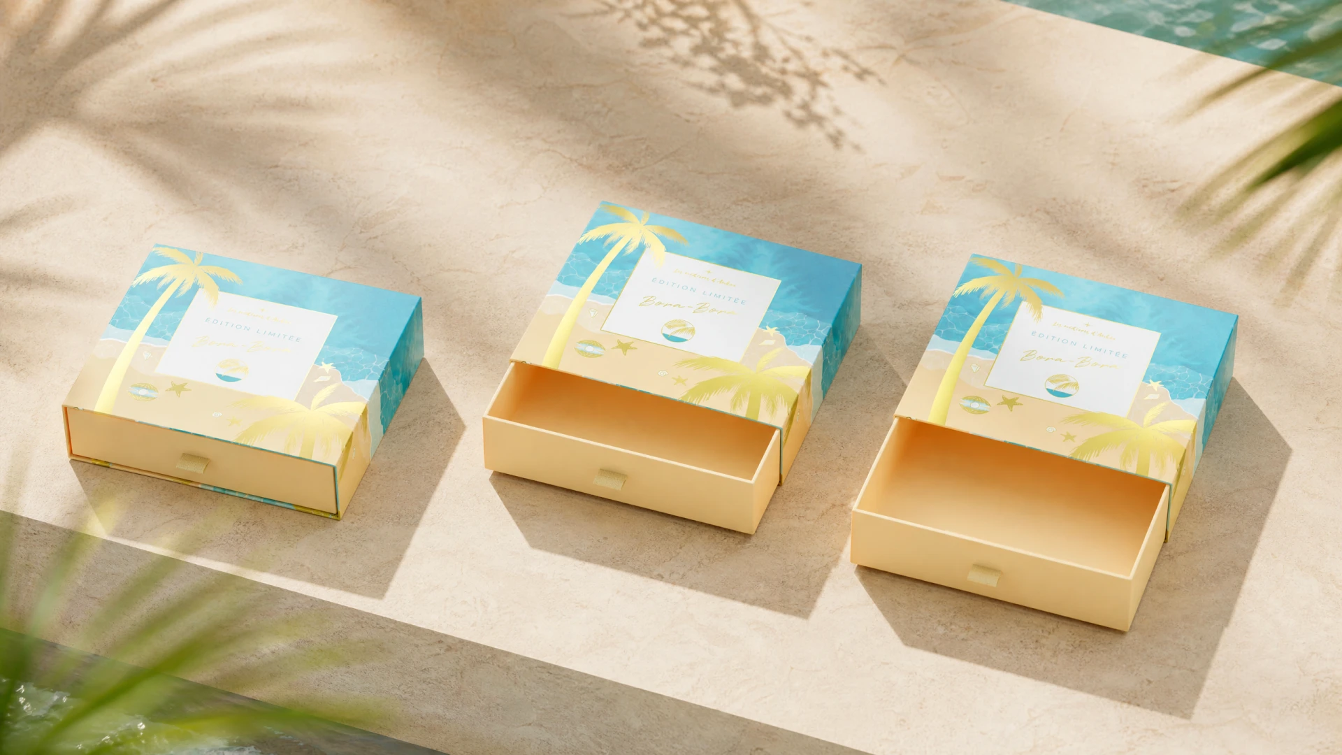 Three Bora-Bora boxes arranged in a sequence to show the gifting experience.