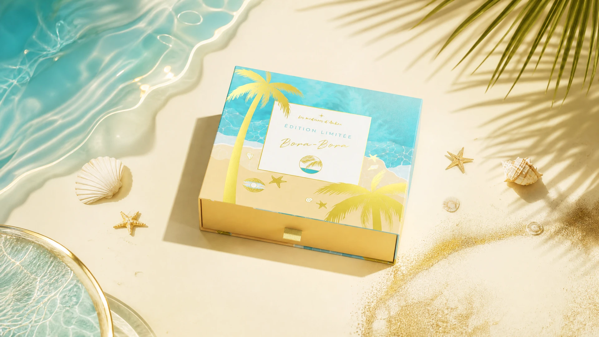 Bora-Bora box presented against a water-like turquoise surface.