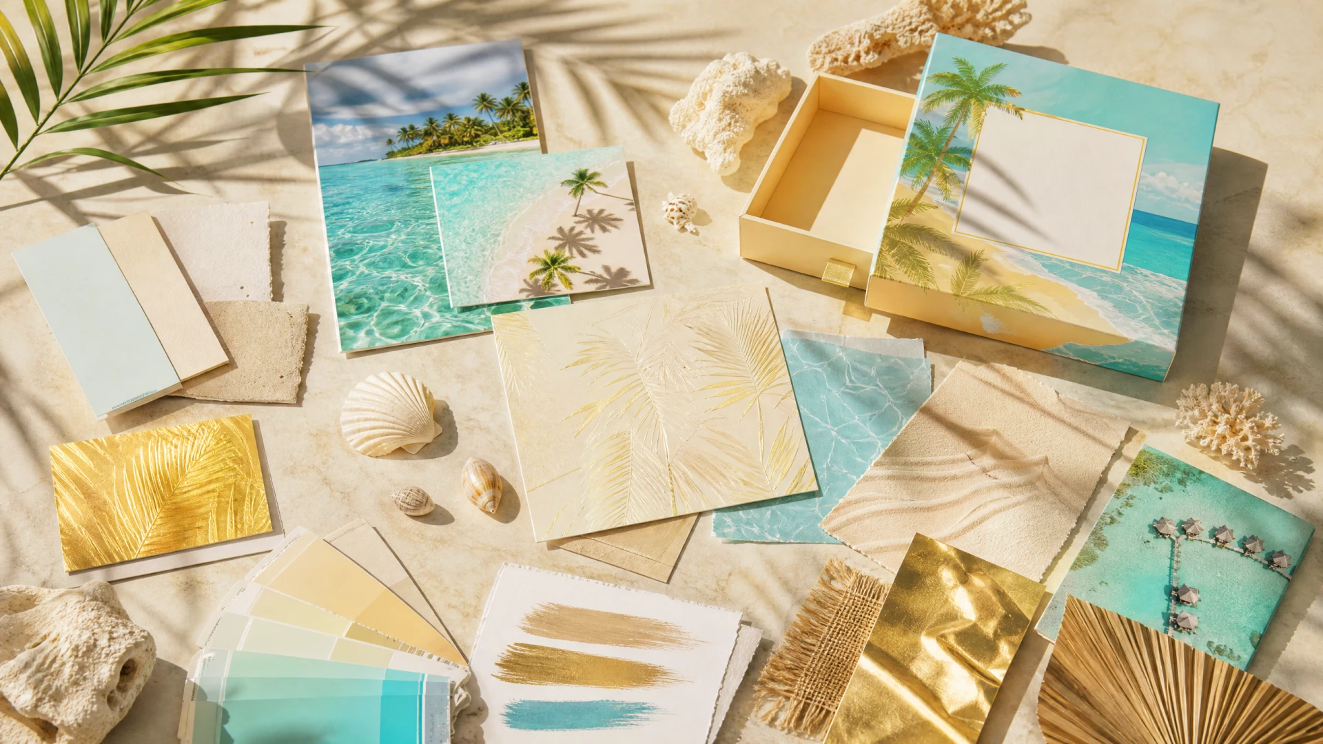 Bora-Bora packaging components and printed materials arranged as a production study.