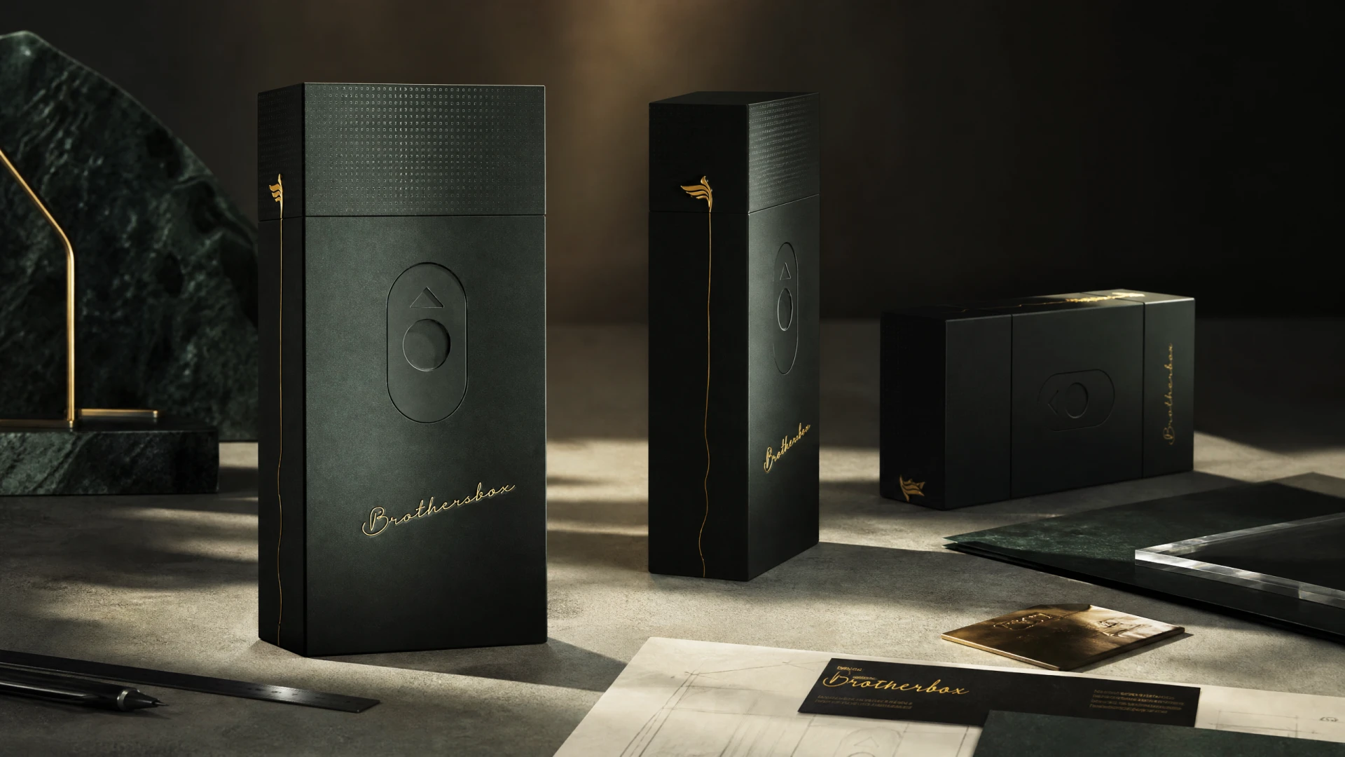 Multi‑angle display of the full packaging series, showing different box orientations and accessory print pieces
