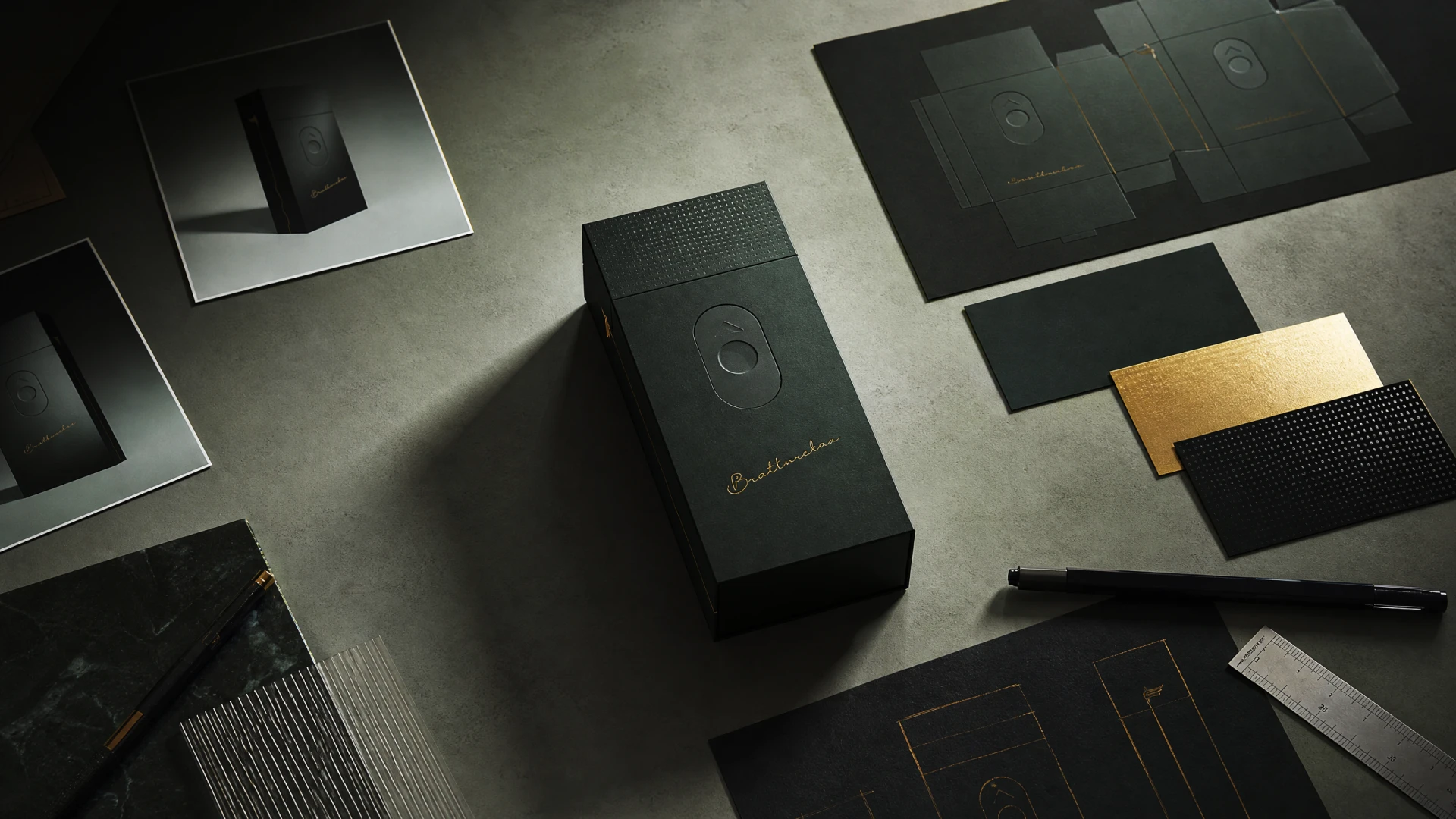 Top‑down studio shot of premium tobacco packaging, surrounded by material swatches, die‑cut drafts and reference renders