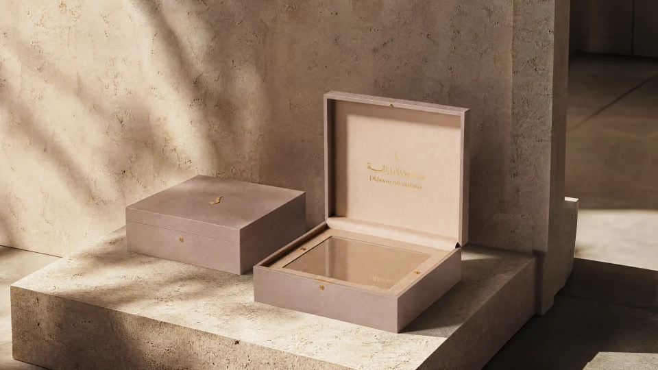Luxury rigid flip-top fragrance box presented as a finished packaging object.