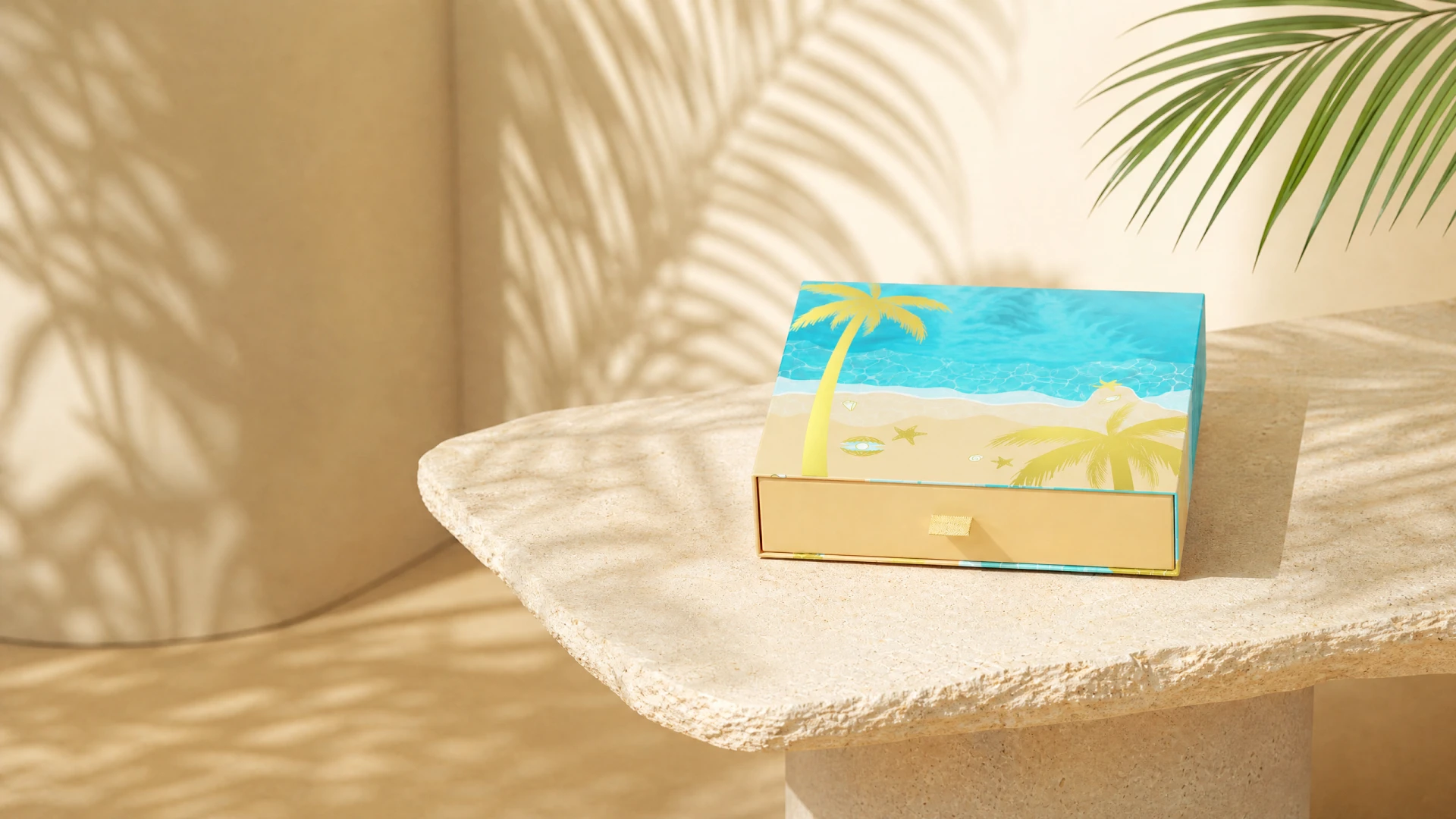 Bora-Bora gift box staged in warm sunlight with palm-leaf shadows.