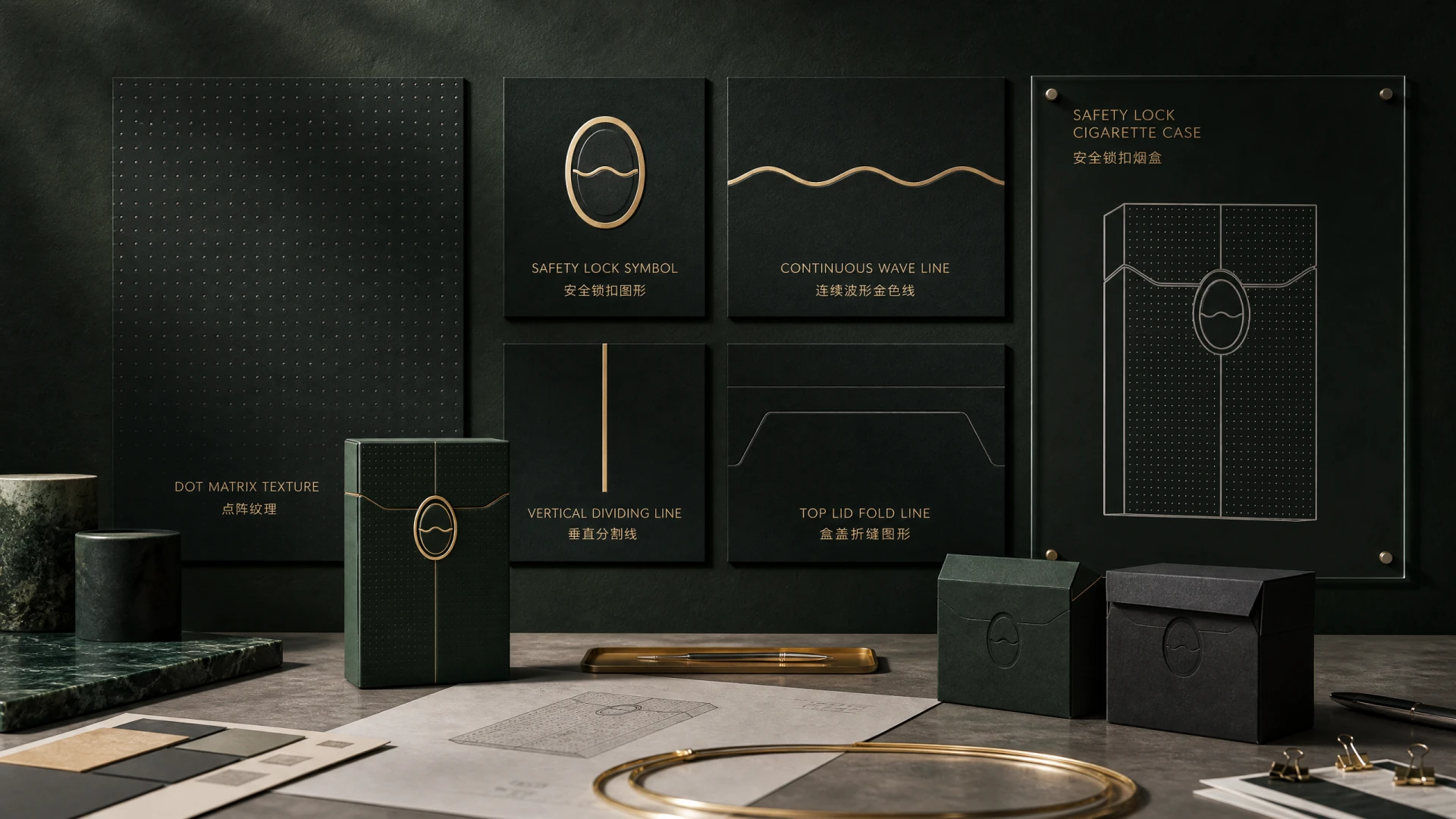 Design breakdown board showing texture, lock symbol, wave line, dividing line and folding graphic of packaging system