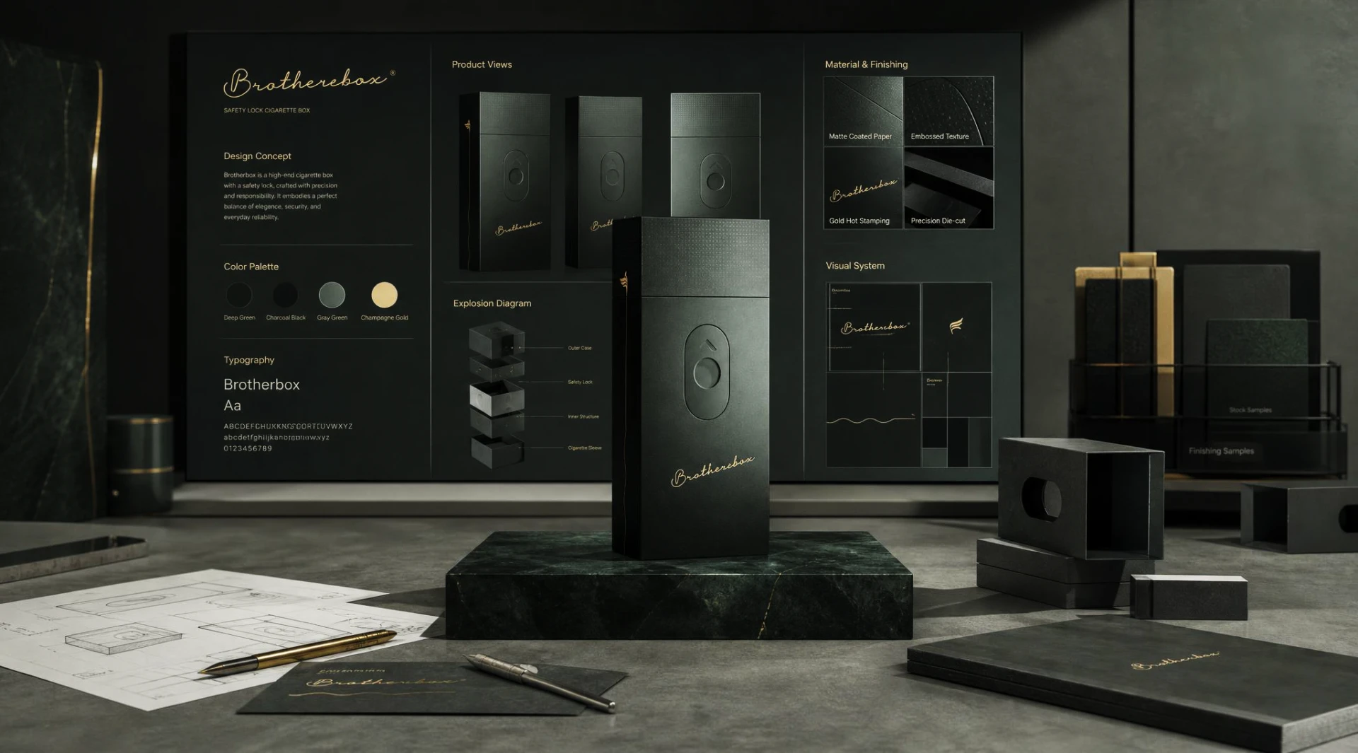 Packaging product with brand visual‑system presentation board, showing color palette, typography, material samples and structural diagrams
