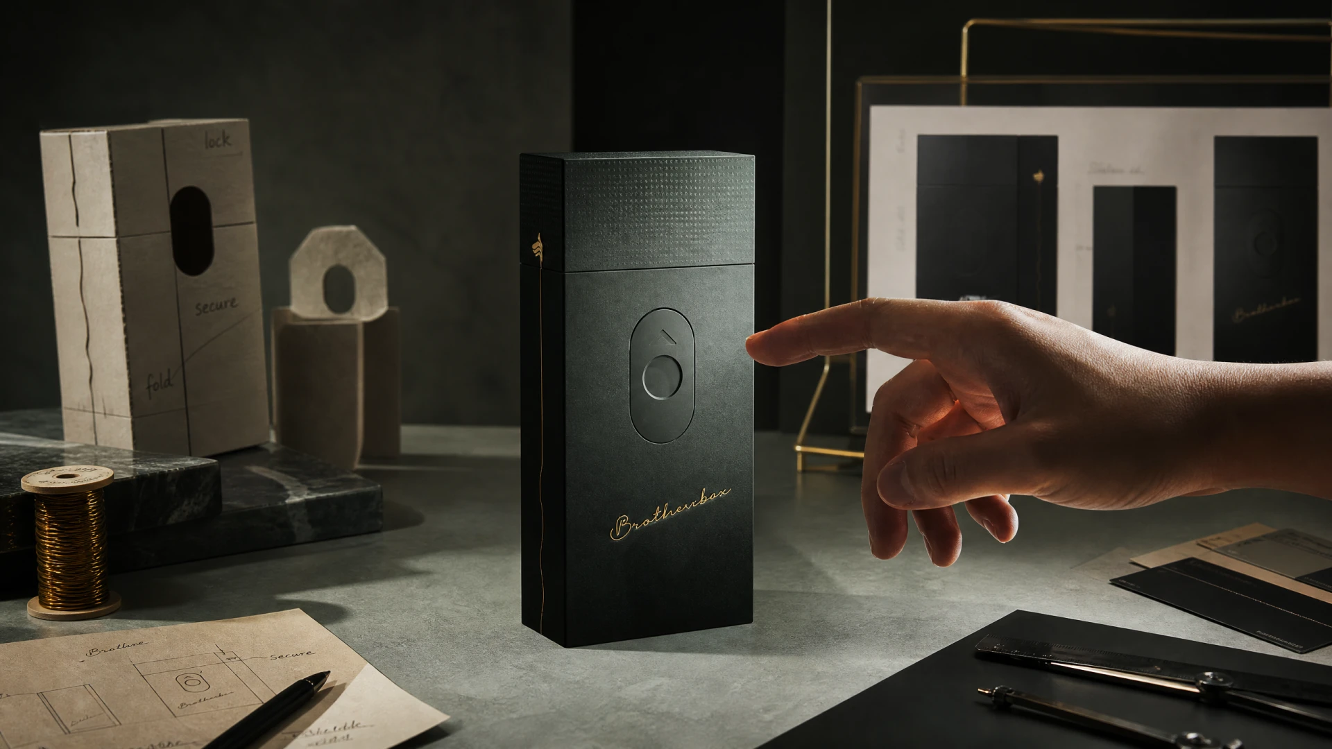 Hand gestures toward the oval finger recess on packaging box, alongside early physical paper prototypes and design sketches