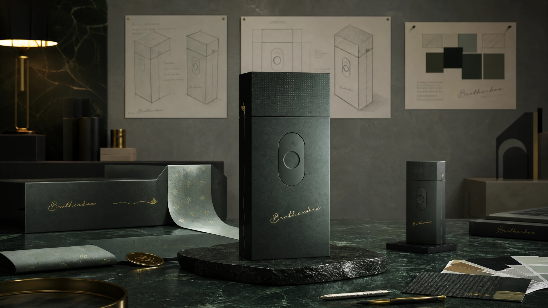 Luxury tobacco packaging full scene mock‑up, multiple package variants, sketches and brand stationery on dark marble table