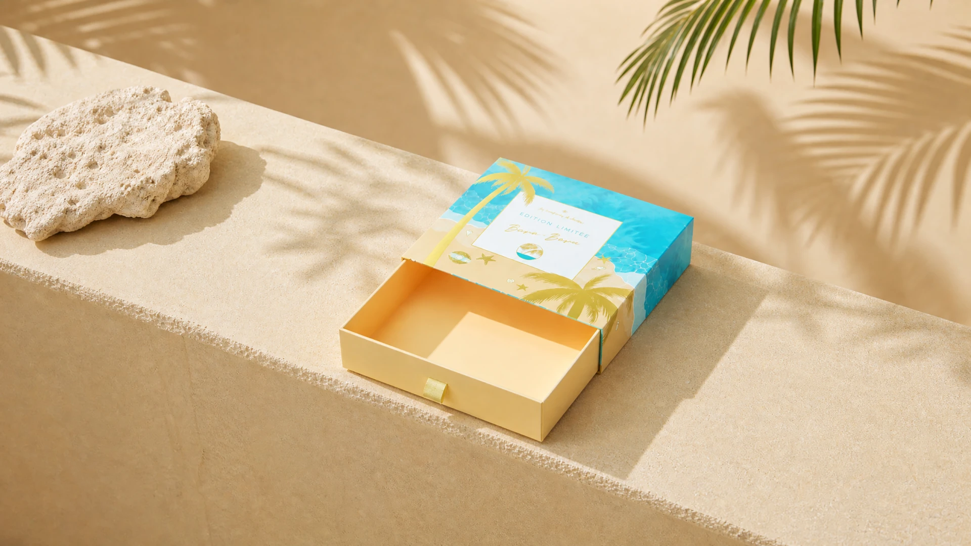Close view of the Bora-Bora box with tactile paper and printed details.