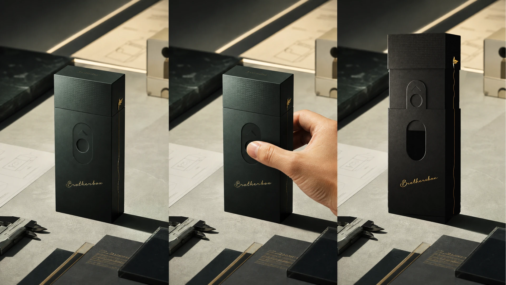 Three‑panel sequence showing the complete push‑pull opening gesture of drawer‑style packaging box
